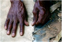 A Kalahari Bushman Prepares Animal Skin for Leather Clothing, Kadwane Refugee Camp, Central Kalahari Game Reserve, Botswana 2006.